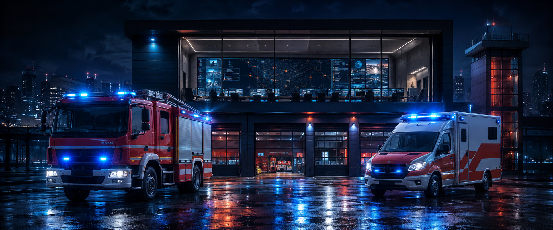 Feuerwache Falkenried bei Nacht mit HLF und RTW vor der Leitstelle